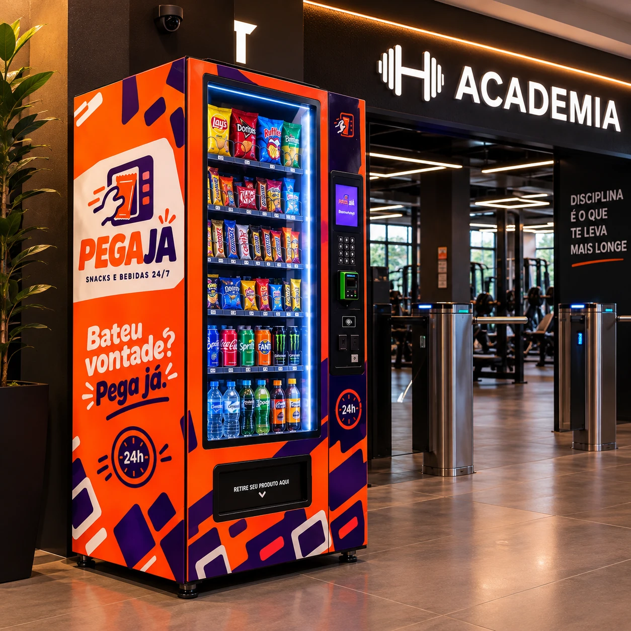 Máquina Pega Já de snacks e bebidas na entrada de uma academia, aberta 24 horas